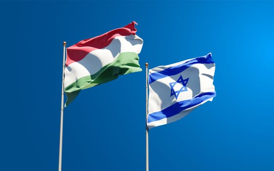 Beautiful national state flags of Hungary and Israel together at the sky background. 3D artwork concept.