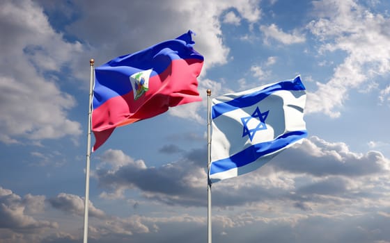 Beautiful national state flags of Haiti and Israel together at the sky background. 3D artwork concept.