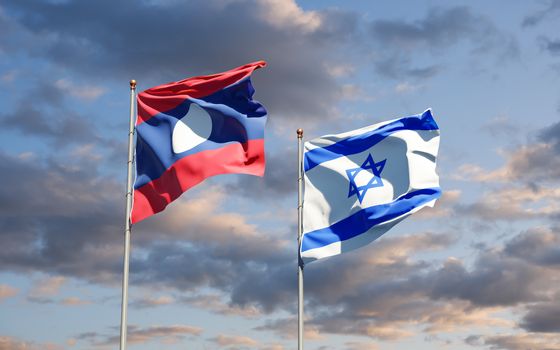Beautiful national state flags of Laos and Israel together at the sky background. 3D artwork concept.