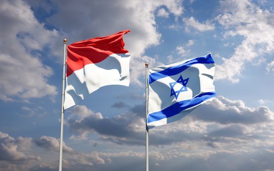 Beautiful national state flags of Indonesia and Israel together at the sky background. 3D artwork concept.