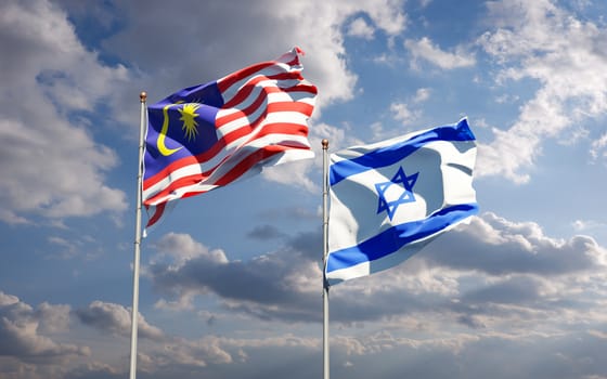 Beautiful national state flags of Malaysia and Israel together at the sky background. 3D artwork concept.