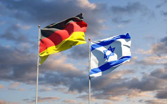 Beautiful national state flags of Germany and Israel together at the sky background. 3D artwork concept.