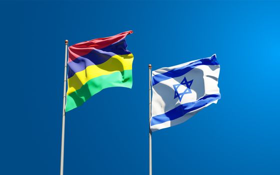 Beautiful national state flags of Mauritius and Israel together at the sky background. 3D artwork concept.