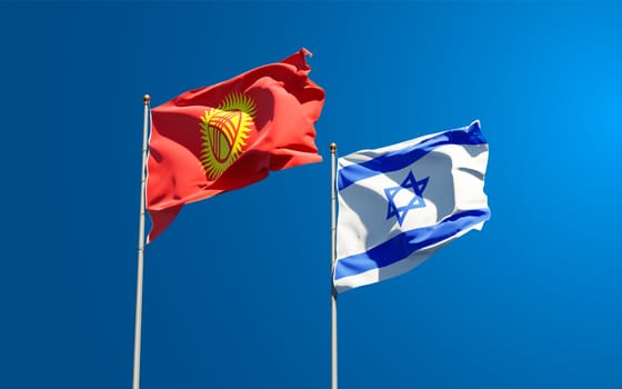 Beautiful national state flags of Kyrgyzstan and Israel together at the sky background. 3D artwork concept.