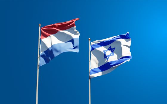 Beautiful national state flags of Netherlands and Israel together at the sky background. 3D artwork concept.