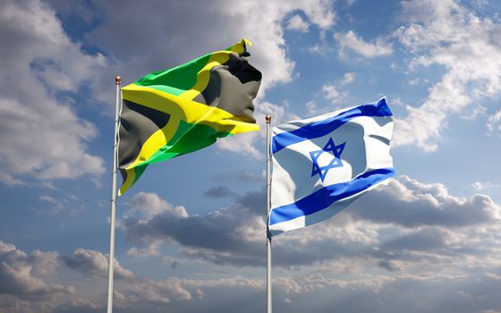 Beautiful national state flags of Jamaica and Israel together at the sky background. 3D artwork concept.