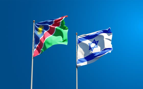 Beautiful national state flags of Namibia and Israel together at the sky background. 3D artwork concept.
