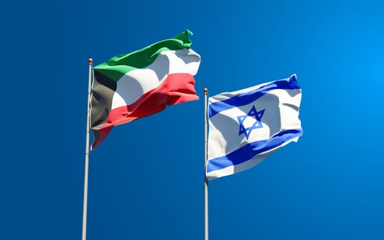 Beautiful national state flags of Kuwait and Israel together at the sky background. 3D artwork concept.
