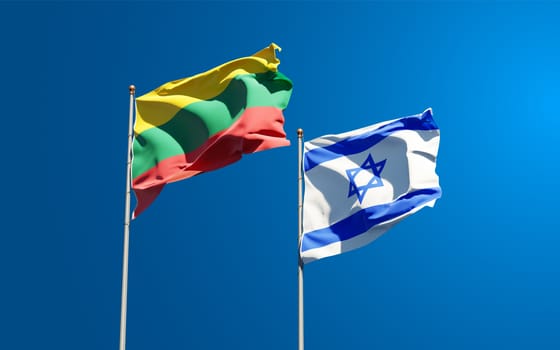 Beautiful national state flags of Lithuania and Israel together at the sky background. 3D artwork concept.