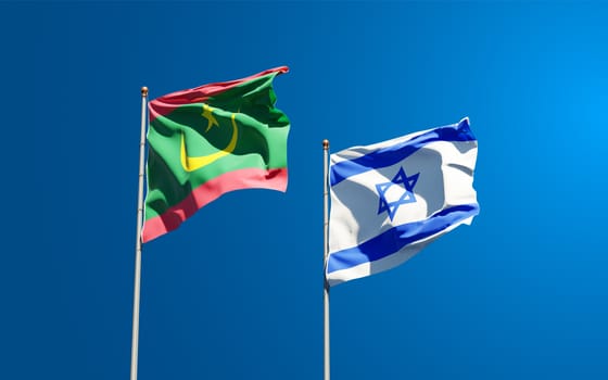 Beautiful national state flags of Mauritania and Israel together at the sky background. 3D artwork concept.