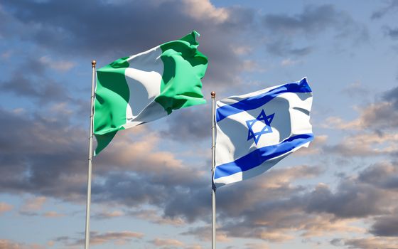 Beautiful national state flags of Nigeria and Israel together at the sky background. 3D artwork concept.