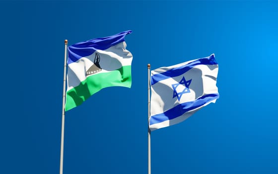 Beautiful national state flags of Lesotho and Israel together at the sky background. 3D artwork concept.