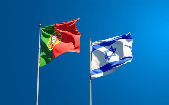 Beautiful national state flags of Portugal and Israel together at the sky background. 3D artwork concept.