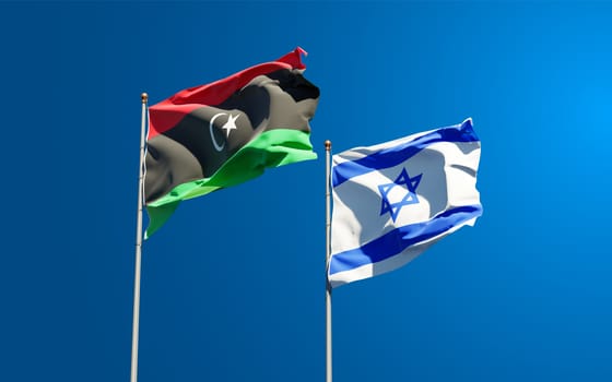 Beautiful national state flags of Libya and Israel together at the sky background. 3D artwork concept.
