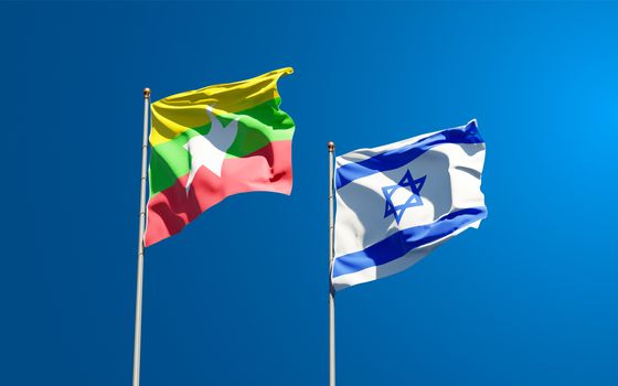 Beautiful national state flags of Myanmar and Israel together at the sky background. 3D artwork concept.