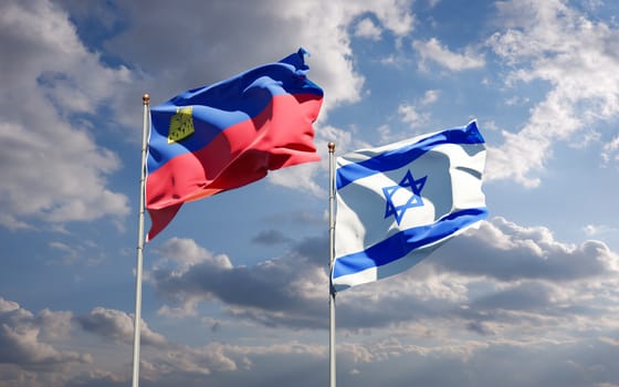 Beautiful national state flags of Liechtenstein and Israel together at the sky background. 3D artwork concept.