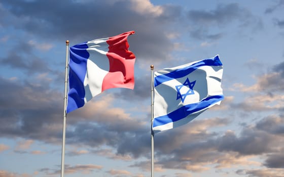 Beautiful national state flags of France and Israel together at the sky background. 3D artwork concept.