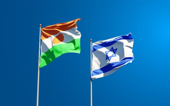 Beautiful national state flags of Niger and Israel together at the sky background. 3D artwork concept.