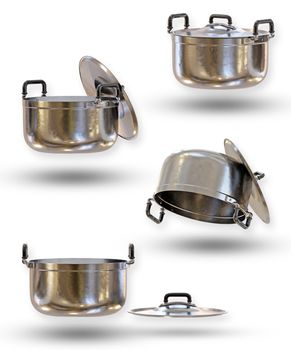 The stainless steel cooking pot in a classic shape. It is a utensil that is used in the kitchen. Isolate and clipping path on a white background. The concept of cooking equipment. 3D rendering.
