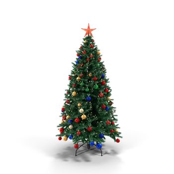 Beautiful Christmas tree with snow on branches on white background. 3D rendering.