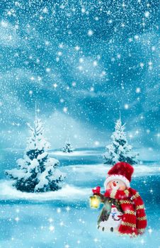 Background for a Christmas greeting card with a picture of a winter landscape, a snowman and a greeting inscription