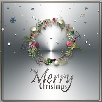 Beautiful Christmas card with 3D abstract wreath with Xmas balls on silver background. Text Merry Christmas. 3D render