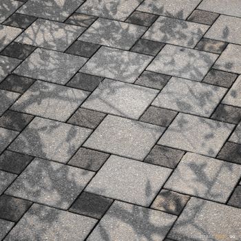 A fragment of the sidewalk is covered with ceramic tiles that imitate natural stone. The shadows of trees are visible.