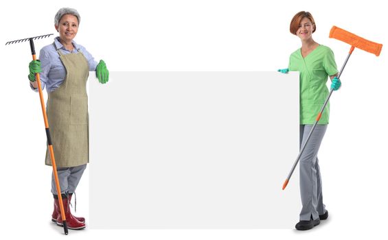 Gardener and cleaner woman with tools holding big blank banner isolated on white background