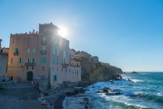 Coliure, France :  2020 june 22 :  People in Old town of Collioure, France, a popular resort town on Mediterranean sea.