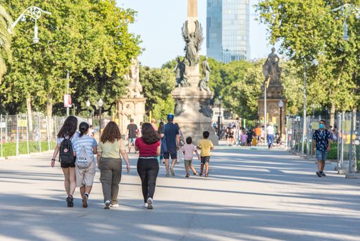 Barcelona, Spain :  June 26: People walk Arc de Triomf landmark in Ciutat Vella district on June 26, 2020 in Barcelona afer COVID 19.