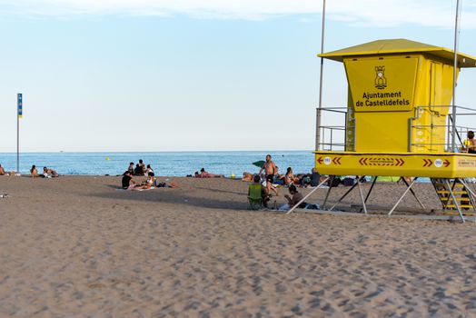 Castelldefels, Spain: 2020 June 25: People in the beach of Castelldefels in Barcelona in summer after COVID 19 on June 2020.