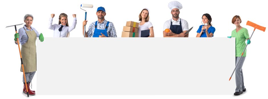 People representing diverse professions with tools holding big blank banner isolated on white background
