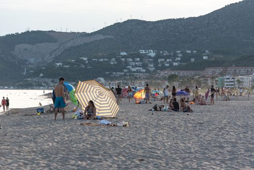 Castelldefels, Spain: 2020 June 25: Boats on the coast of Castelldefels in Barcelona in summer after COVID 19 on June 2020.