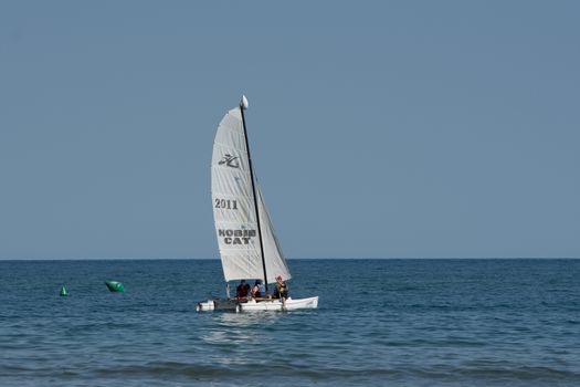 Castelldefels, Spain: 2020 June 25: Boats on the coast of Castelldefels in Barcelona in summer after COVID 19 on June 2020.
