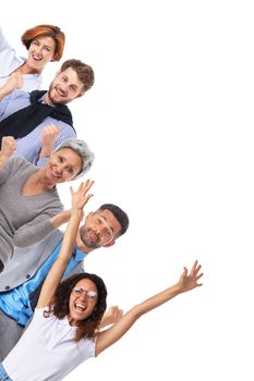 Successful excited business people group team, young businesspeople standing together smile hold fist ok yes gesture with raised hands arms, studio isolated over white background