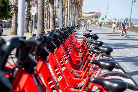 Barcelona, Spain - June 26, 2020: Bright red bicycles available for rent parked in a row at La Barceloneta. Concept of environmentally sustainable transport. Bike rental service Bicing.