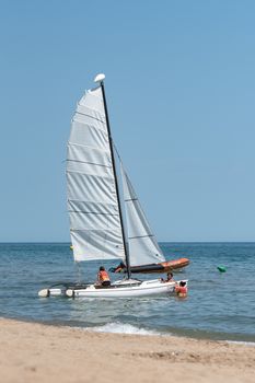 Castelldefels, Spain: 2020 June 25: Boats on the coast of Castelldefels in Barcelona in summer after COVID 19 on June 2020.