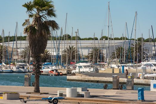 Canet en Roussillon, France: June 21, 2020: Port of Canet de Roussilion in  Sunny day in the tourist town of Canet en Roussillion in France on the Mediterranean Sea.