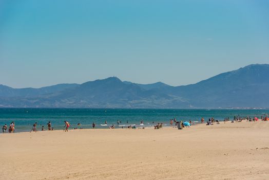 Canet en Roussillon, France: June 21, 2020: Sunny day in the tourist town of Canet en Roussillion in France on the Mediterranean Sea.