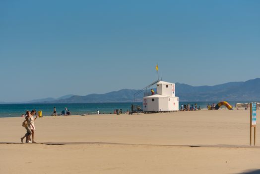 Canet en Roussillon, France: June 21, 2020: Sunny day in the tourist town of Canet en Roussillion in France on the Mediterranean Sea.