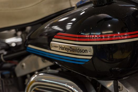 Canillo, Andorra - june 19 2020: Old motorcycle Harley Davidson exposed on  the  Motorcyle Museum in Canillo, Andorra on June 19, 2020.