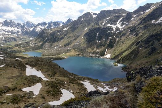 Beautiful view hiking in the Andorra Pyrenees Mountains in Ordino, near the Lakes of Tristaina.