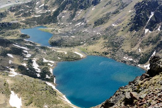 Beautiful view hiking in the Andorra Pyrenees Mountains in Ordino, near the Lakes of Tristaina.