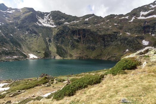 Beautiful view hiking in the Andorra Pyrenees Mountains in Ordino, near the Lakes of Tristaina.