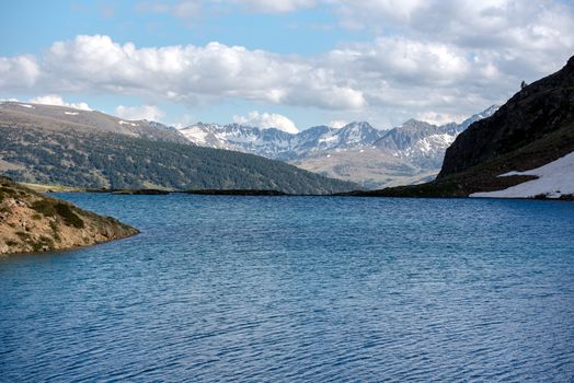 Beautiful Querol Lake in the mountain refuge in the Incles Valley, Canillo, Andorra.