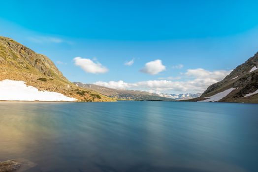 Beautiful Querol Lake in the mountain refuge in the Incles Valley, Canillo, Andorra.