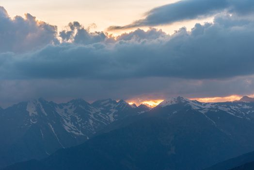 Magical sunset in the mountains of the Pyrenees in Canillo, Andorra.