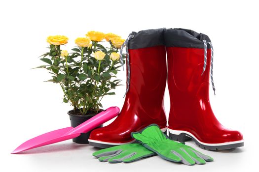 Garden tools with flower pot and boots isolated on white background