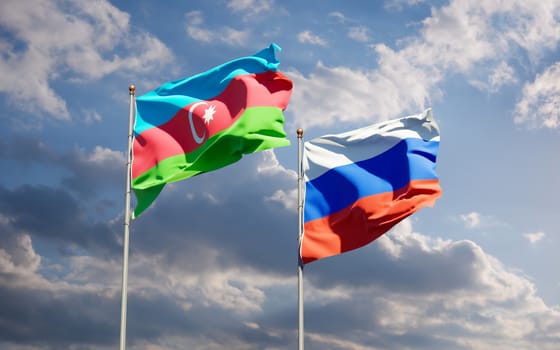 Beautiful national state flags of Russia and Azerbaijan together at the sky background. 3D artwork concept. 