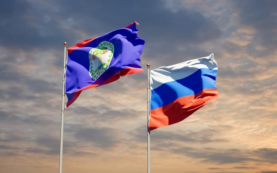 Beautiful national state flags of Russia and Belieze together at the sky background. 3D artwork concept. 